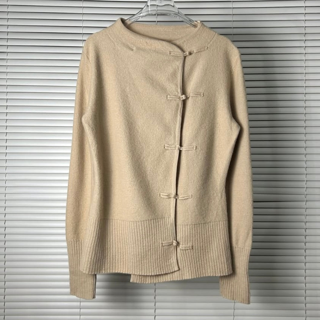 Chinese knot button beige cardigan