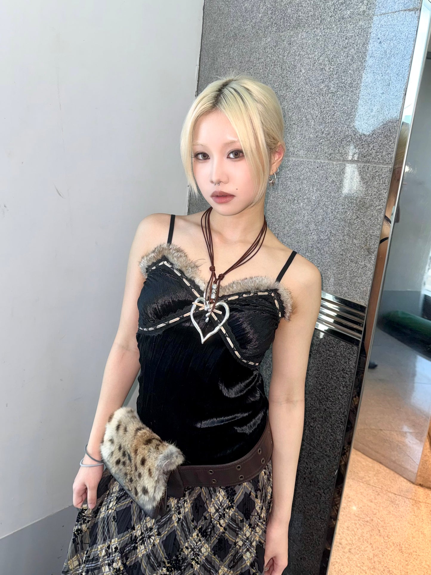 Black velvet furry tank