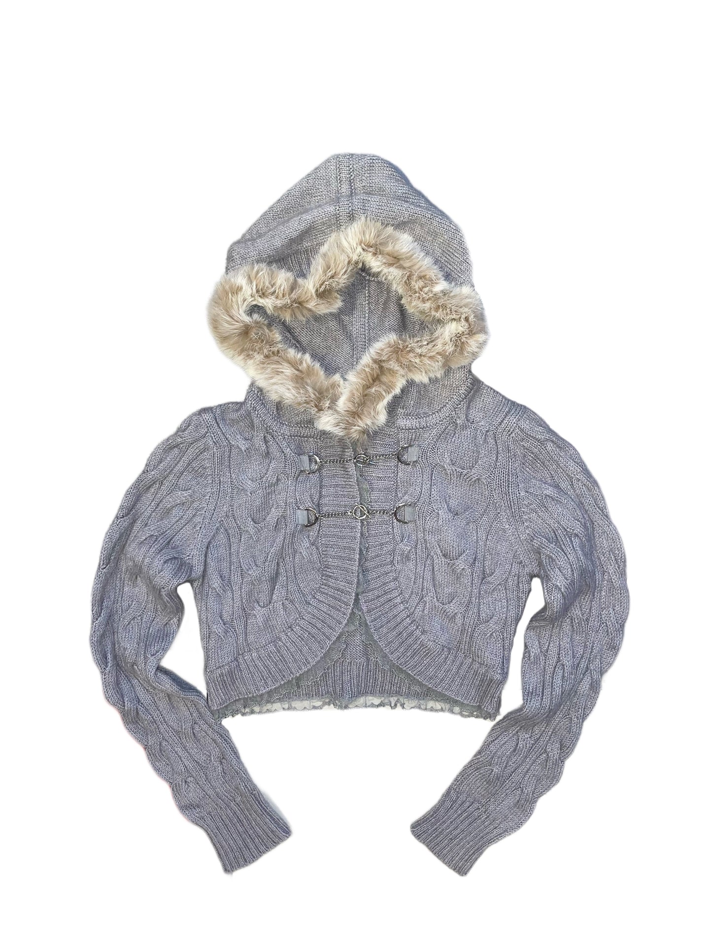 Grey furry knitted cropped outer with lace trim(removable fur collar)