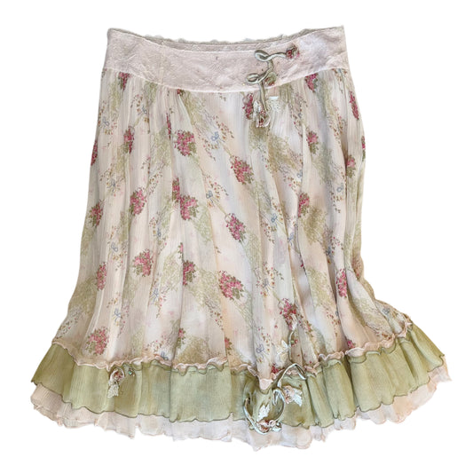 Soft pink green embroidered floral lace skirt