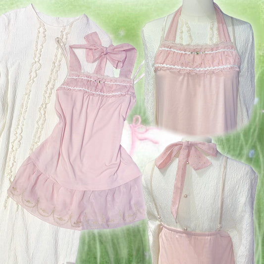 Axes baby pink lace tank with beige lace pearls long dress set