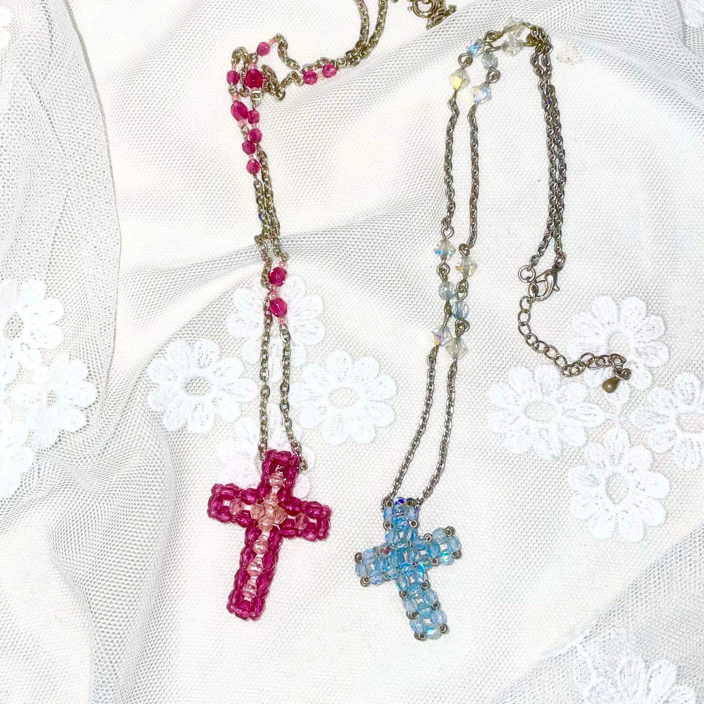 Pink/ baby blue beads cross