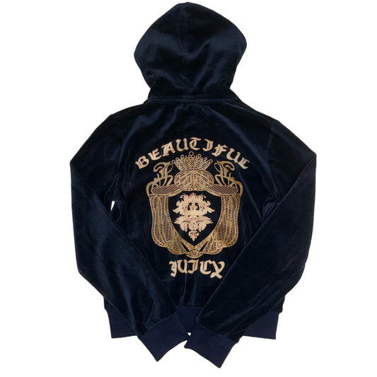 Juicy Couture Navy velvet zip up hoodie with “Beautiful Juicy” graphic