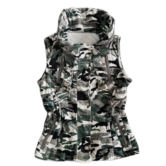Camo zip up buttons vest with hat