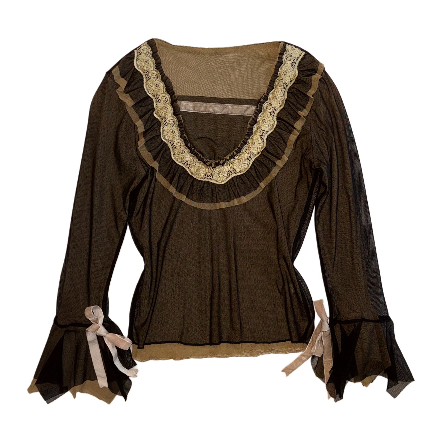 Brown black ruffle mesh layered long sleeve