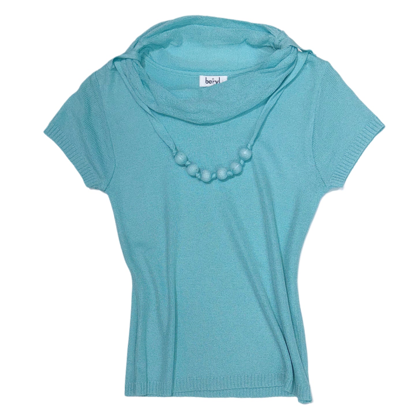Tiffany blue knit top with bead necklace detail