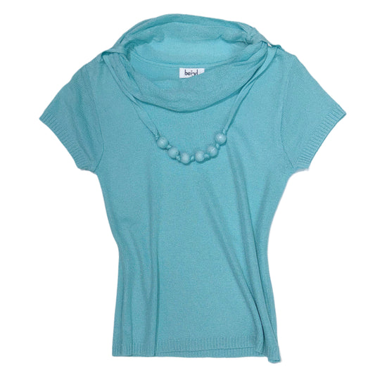 Tiffany blue knit top with bead necklace detail