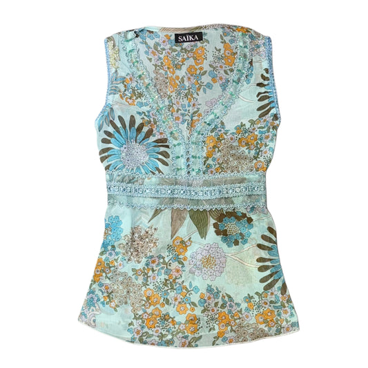 Blue floral mesh embroidered top