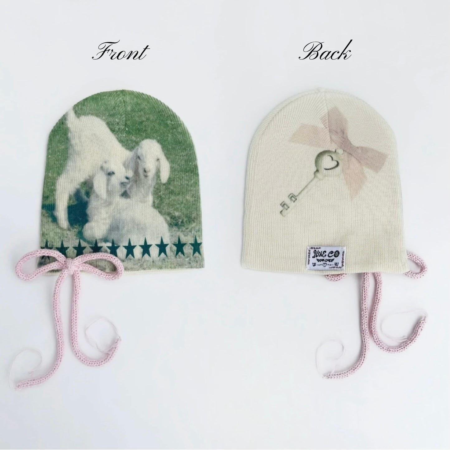 Hand-printed Beanies with Knitted Bow