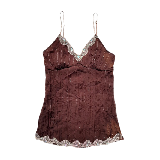 Brown lace embroidered tank