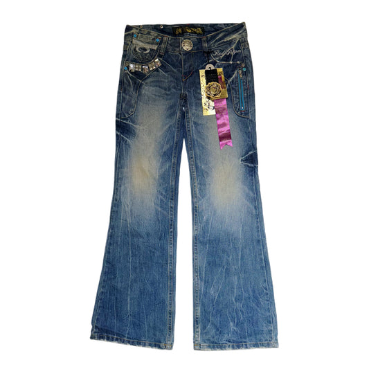 Red pepper embroidered low rise bootcut jeans