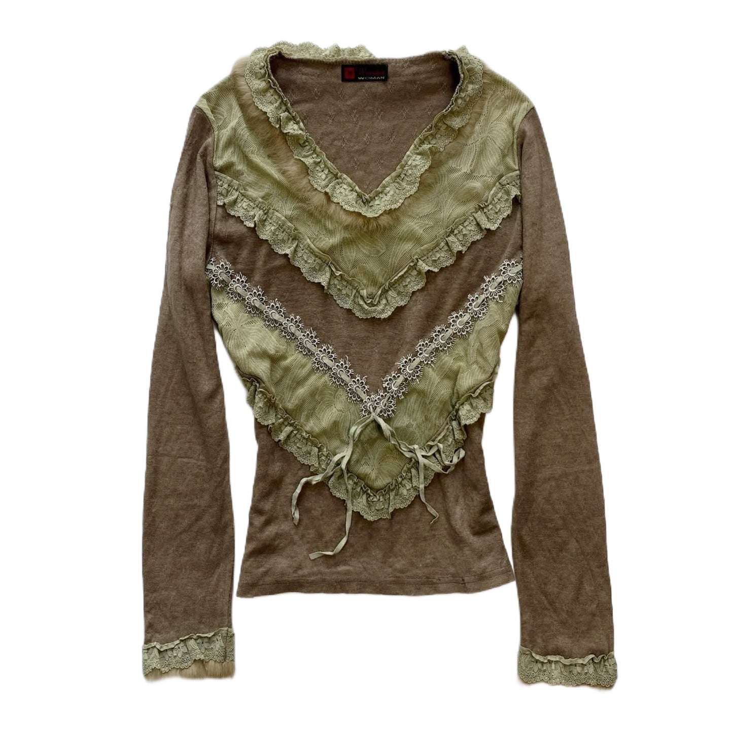Brown long sleeve with green lace furry collar