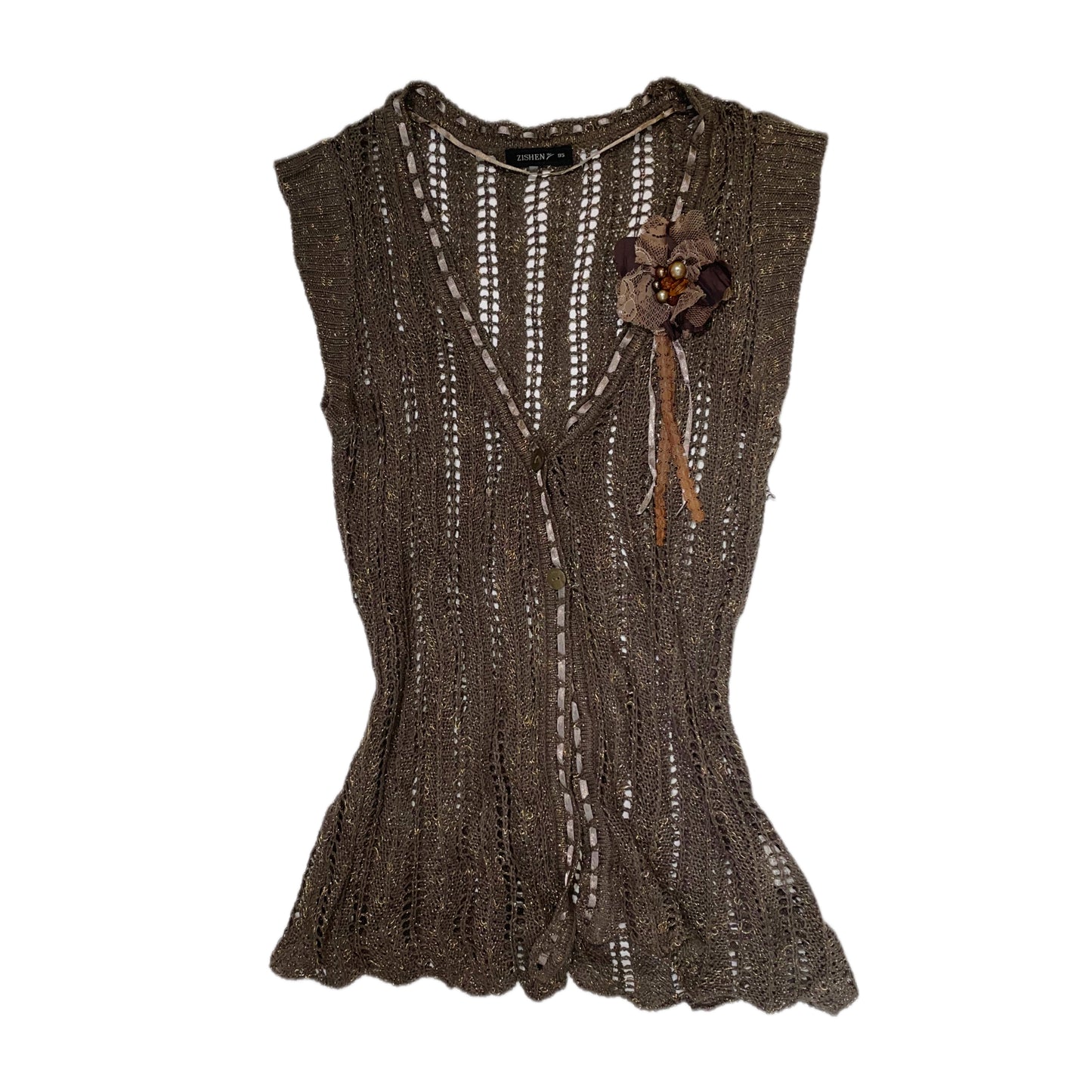 Knit vest with lace flower pin