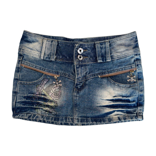 Denim low rise skull mini skirt