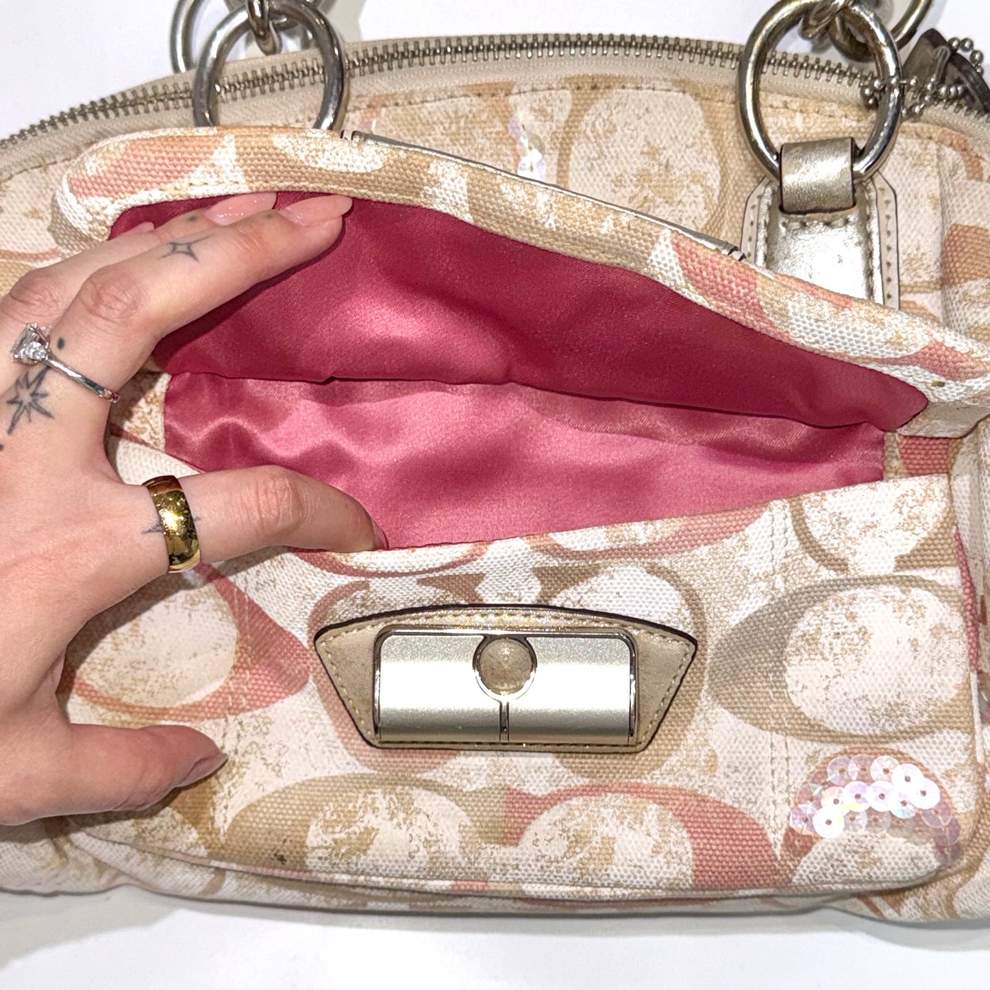 Coach beige pink embroidered 2way bag