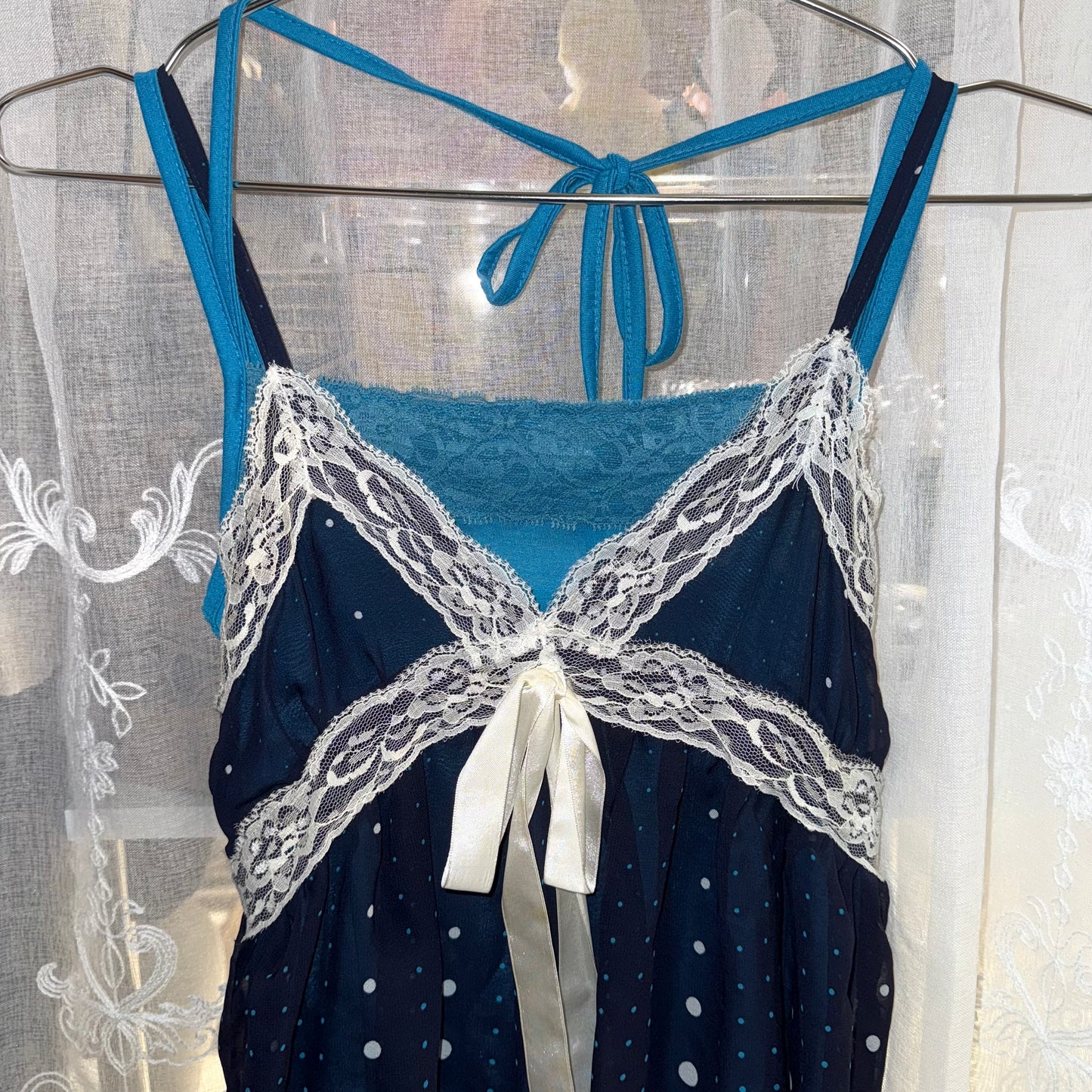 Blue lace polka dot layered tank