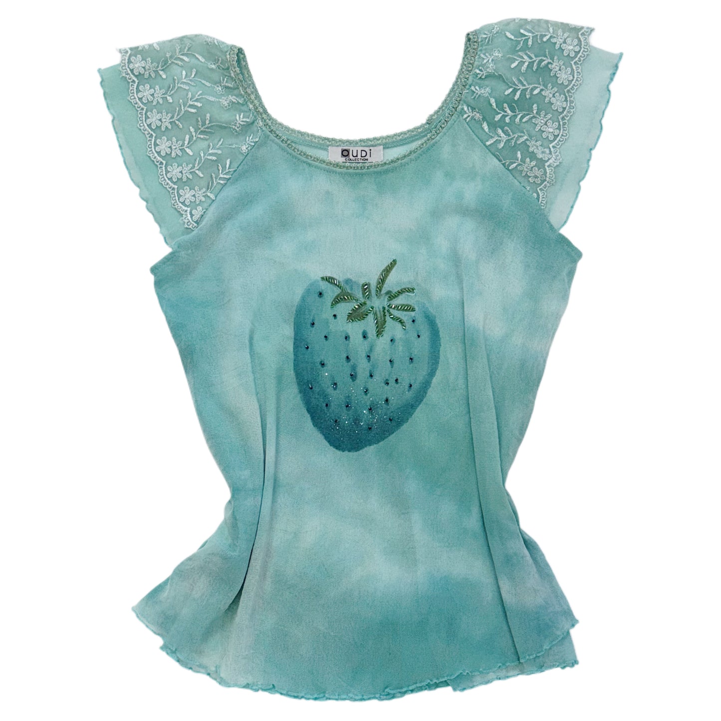 Tiffany blue embroidered strawberry lace top