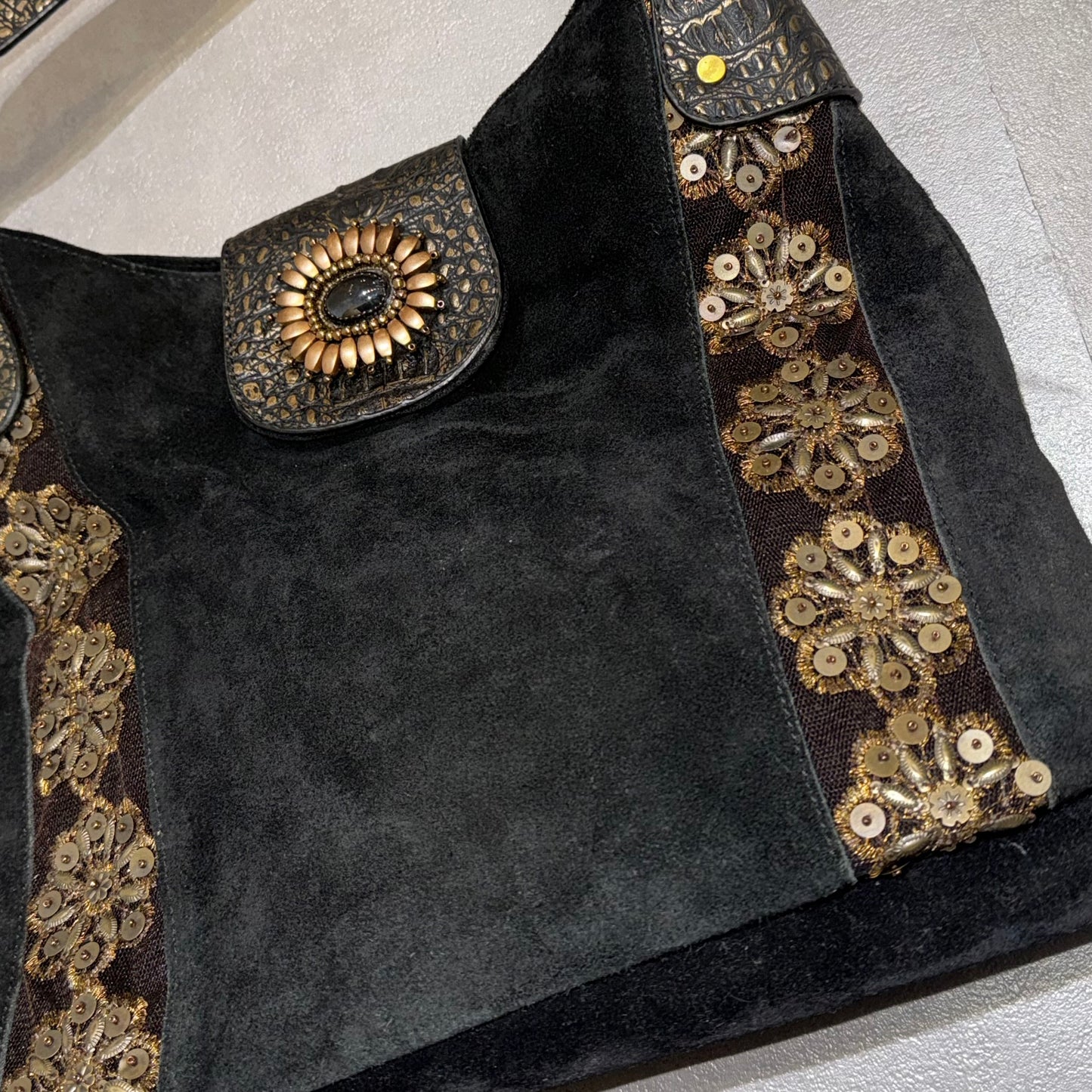 Black suede embroidered bag