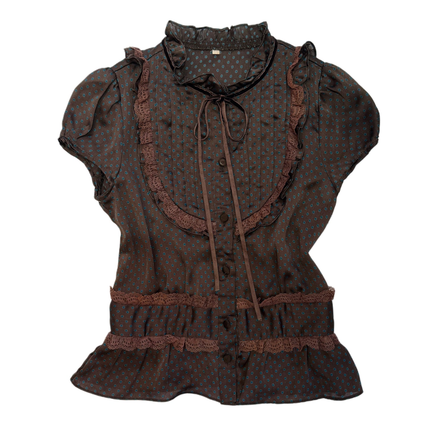 Polka dot lace mesh brown shirt