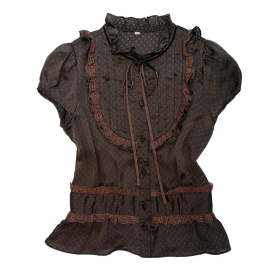Polka dot lace mesh brown shirt