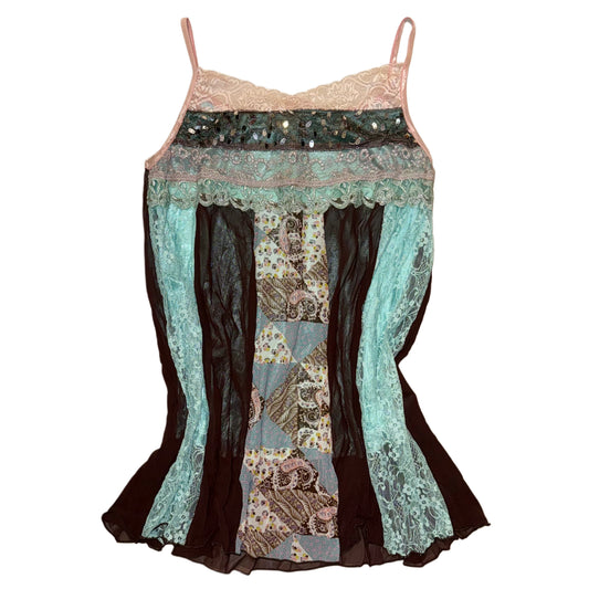 Tiffany blue brown lace embroidered patchwork tank