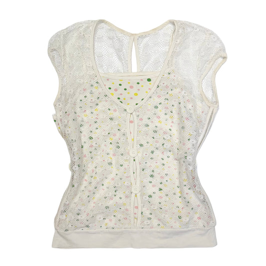 Polka dot mesh layered button top
