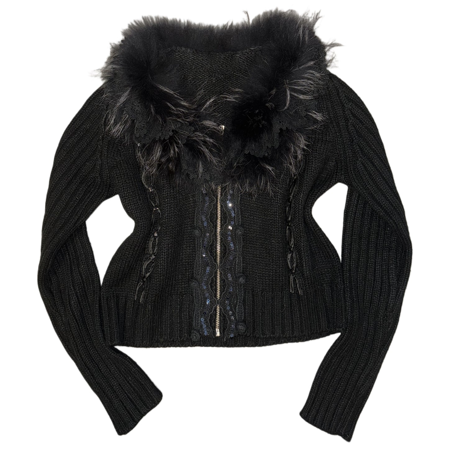 Black furry lace collar knit embroidered jacket