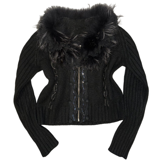 Black furry lace collar knit embroidered jacket