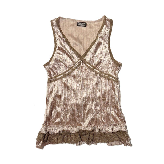 Baby pink velvet embroidered brown lace tank