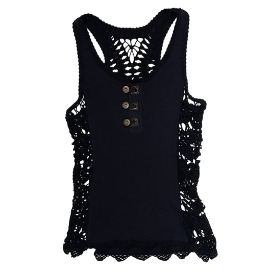 Black knit tank with leather button detail