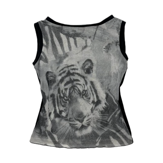 Grey tiger glittering mesh top