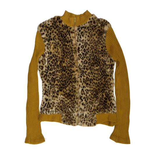Brown leopard furry knit zip up