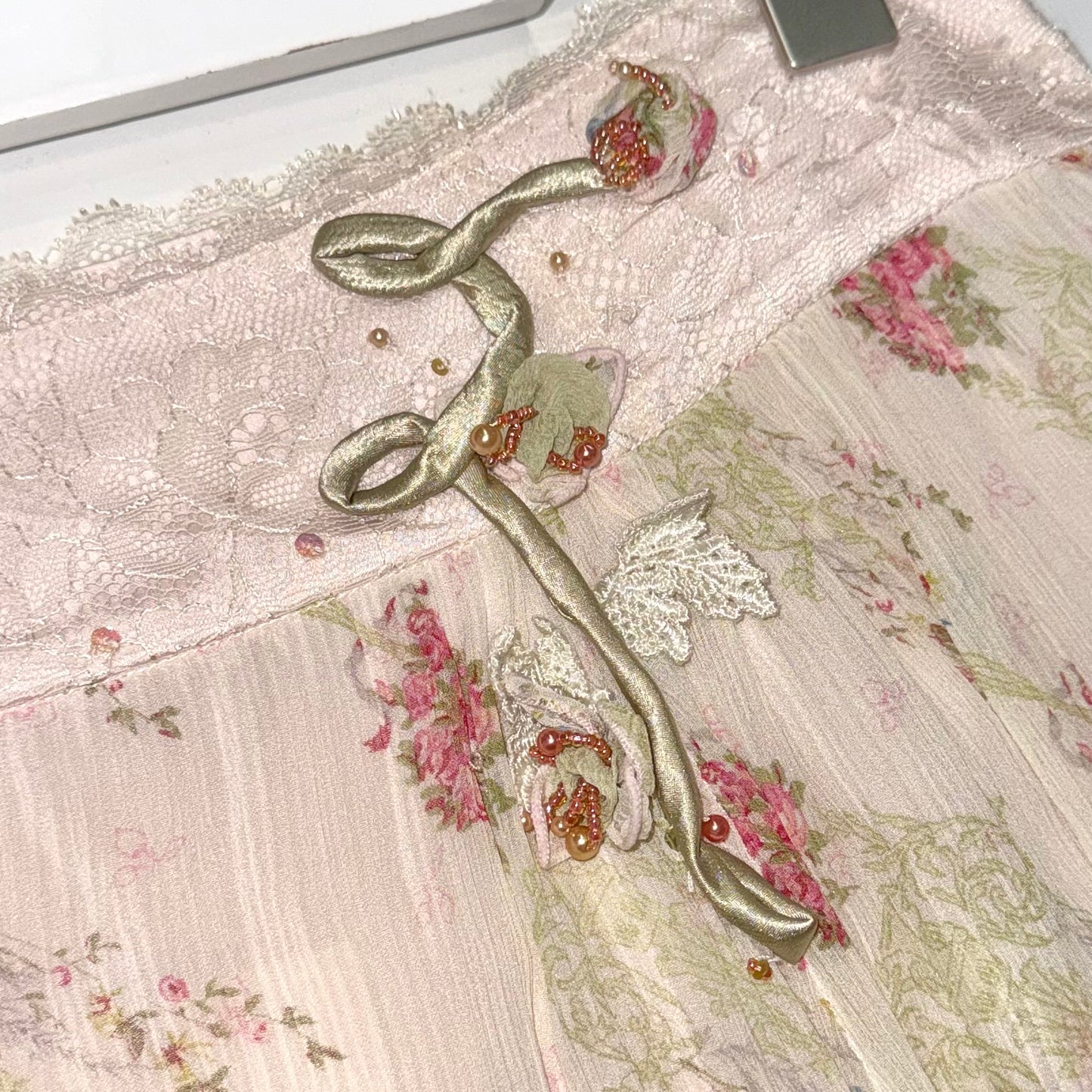 Soft pink green embroidered floral lace skirt