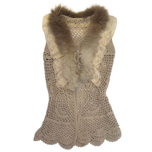 Beige lace furry knit vest