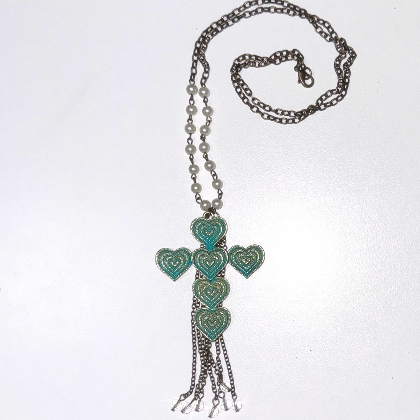 Mint heart cross pearl long necklace