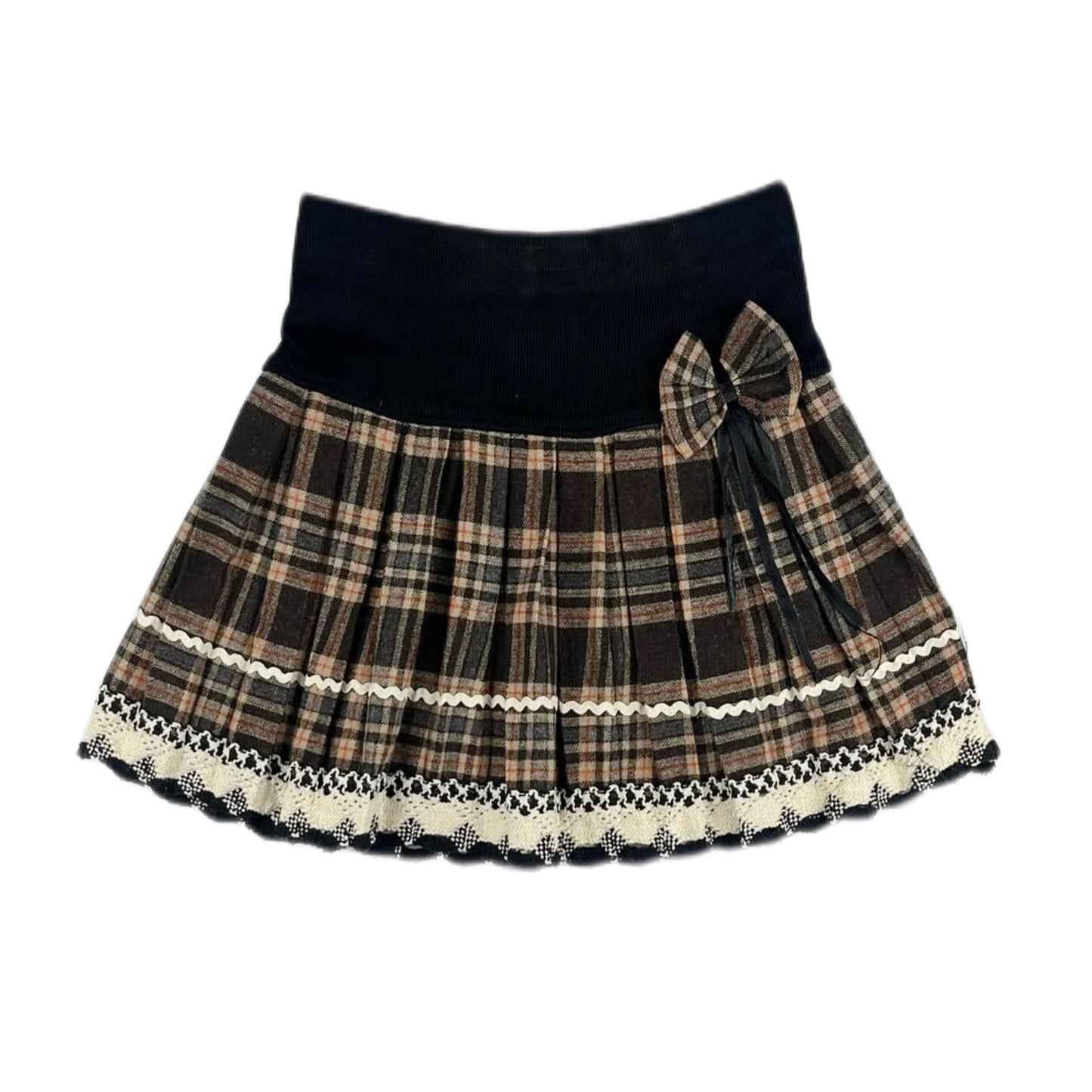 Brown checkered lace trim midi skirt