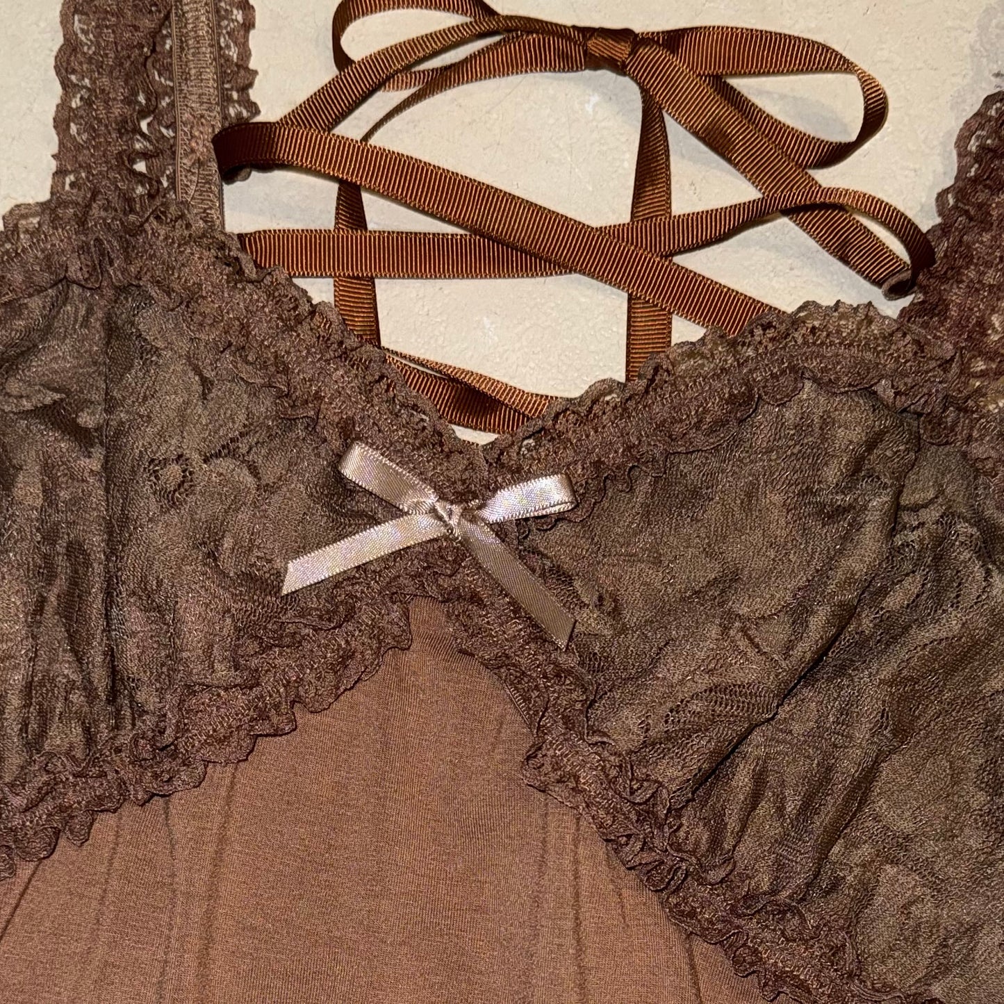 LizLisa brown lace cami with tie back details