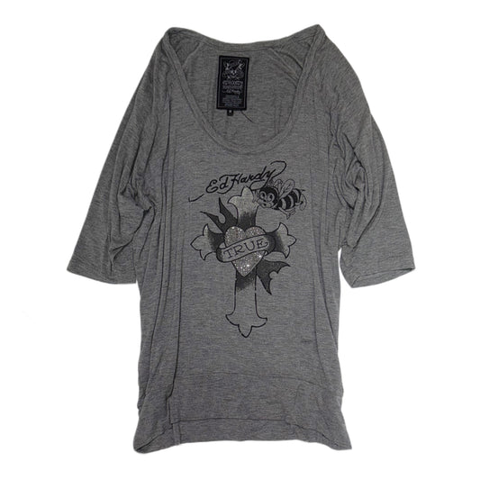 Ed Hardy “cross and bee” grey oversized top