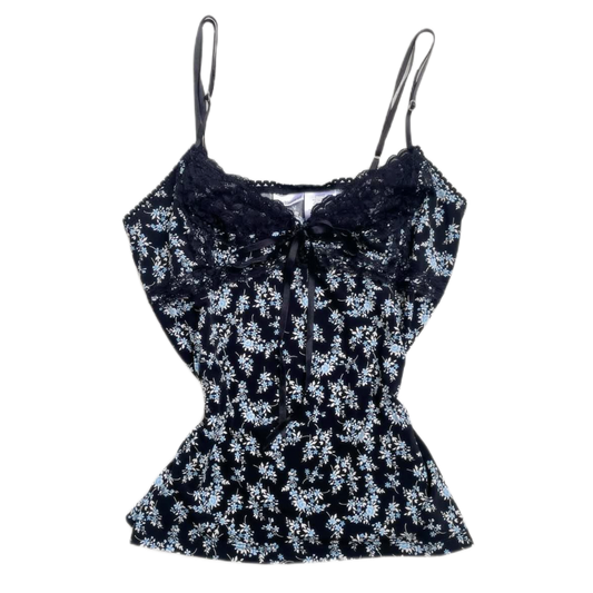 Blue floral black lace tank