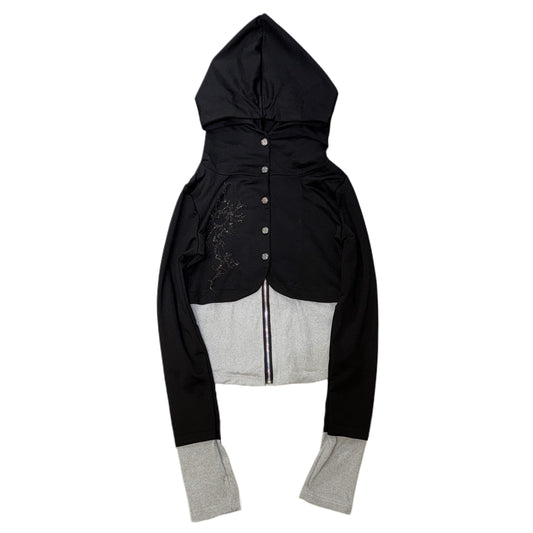 Black grey button zipper hooded long sleeve
