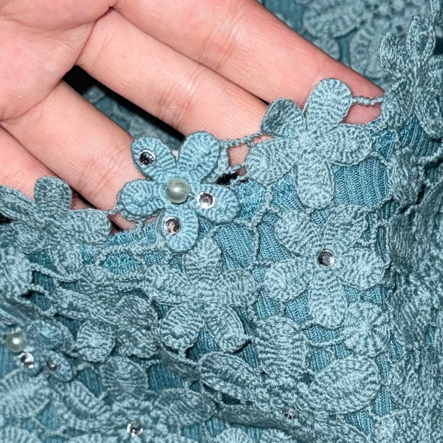 Axes teal floral lace tank with pearl detail