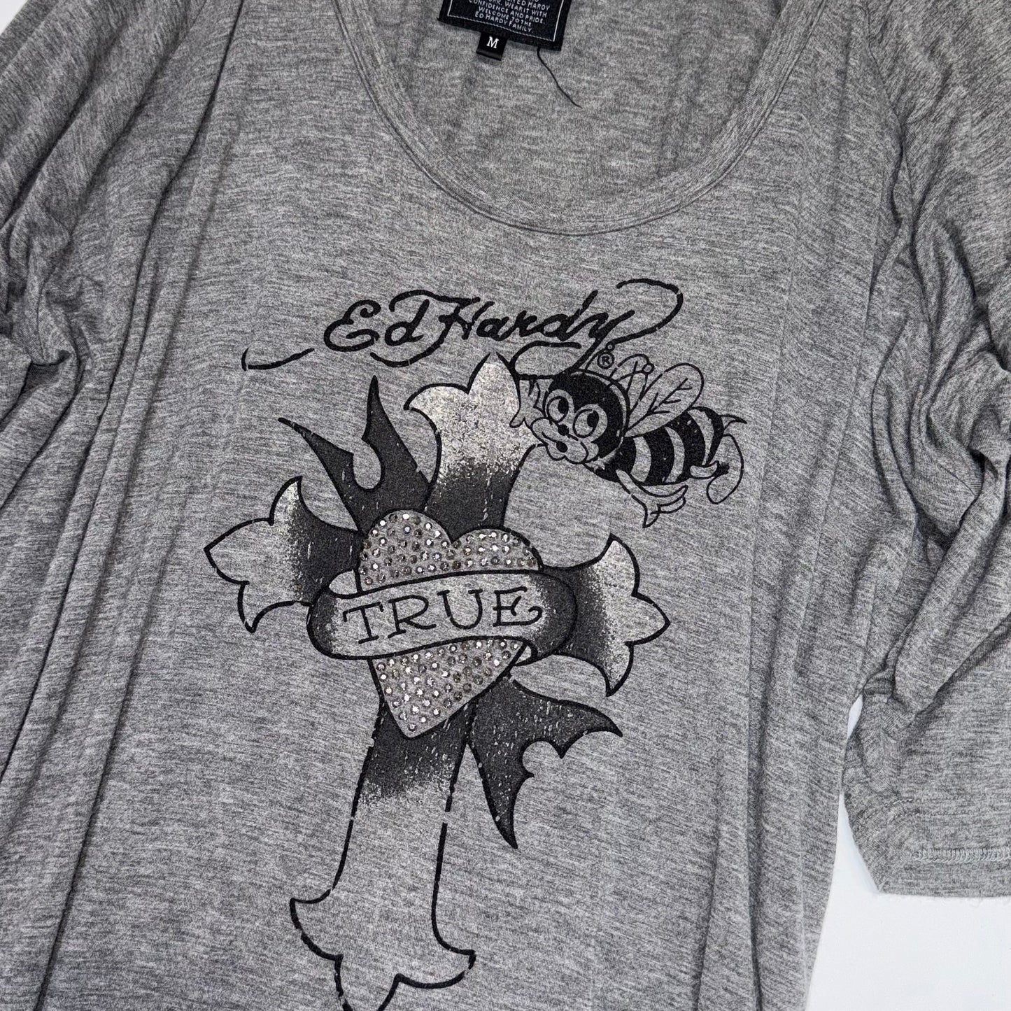 Ed Hardy “cross and bee” grey oversized top