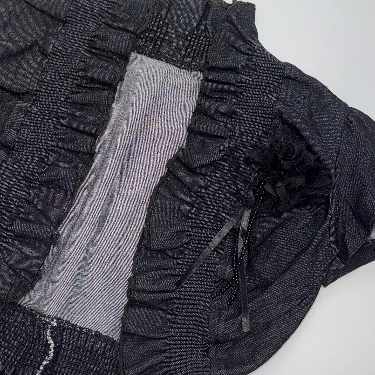 Black denim lace trim cropped outer with flower pin