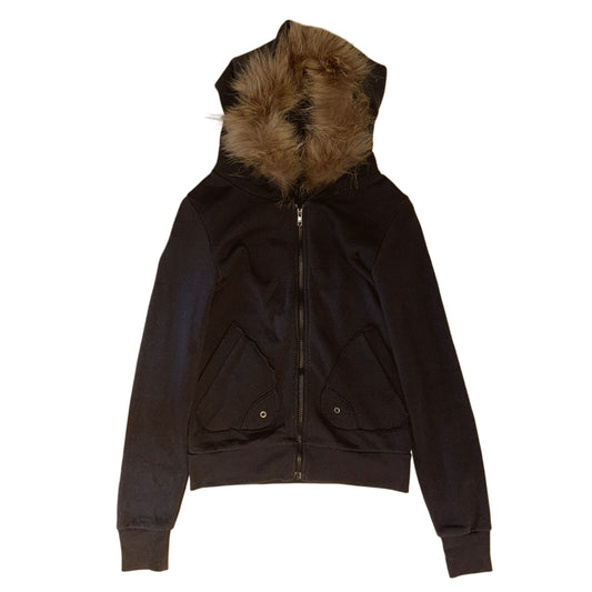 Sword Fish black embroidered zip up furry hoodie