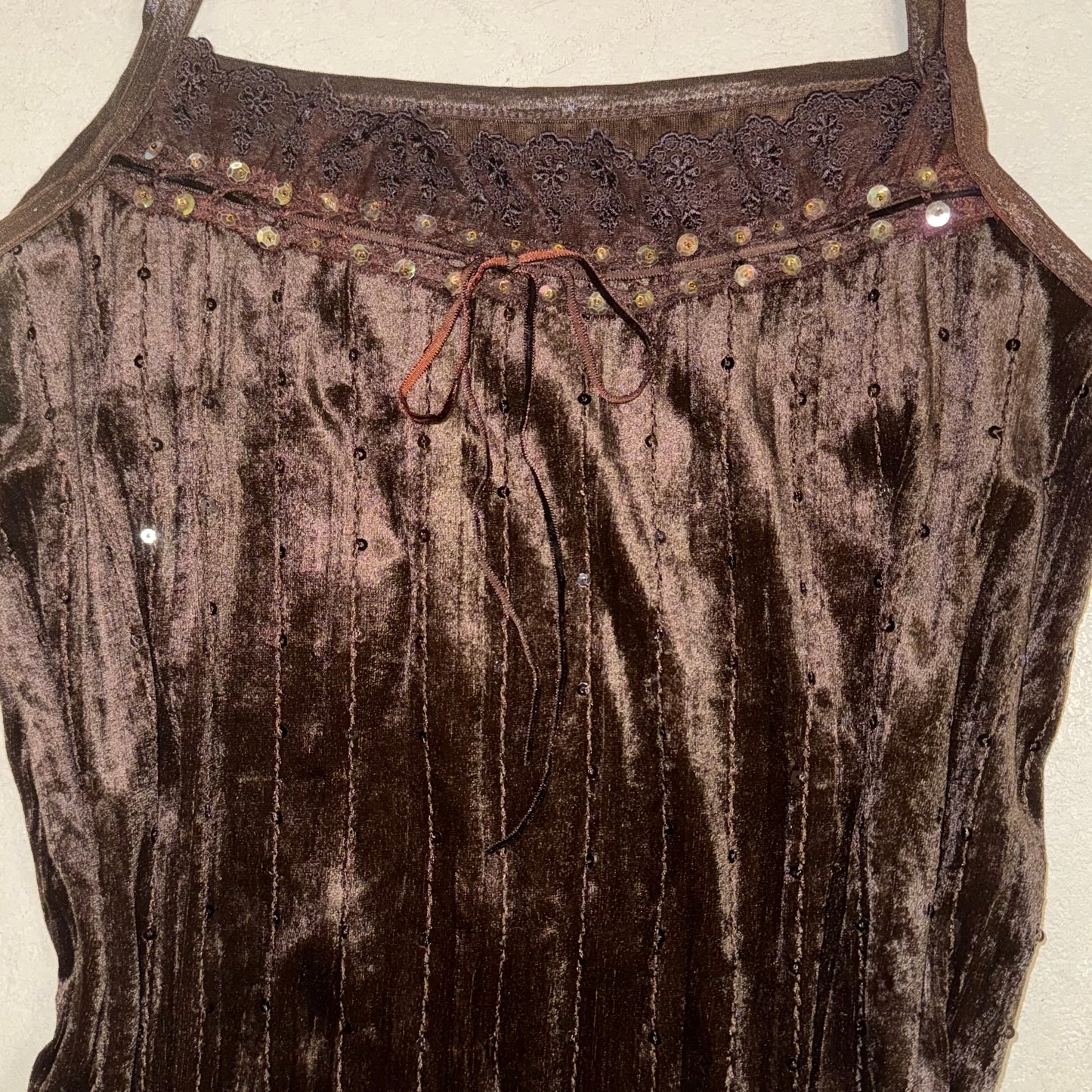 Brown velvet embroidered lace cami