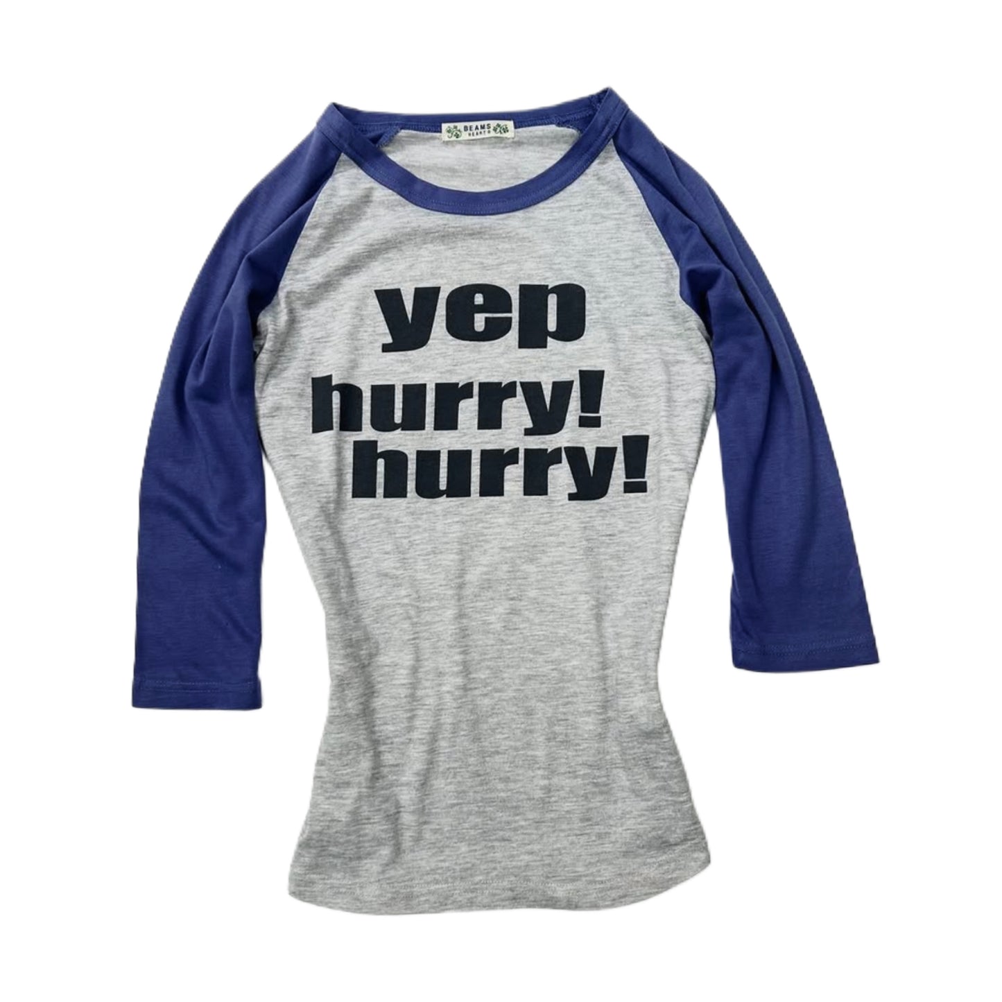 Beams Heart “Yep hurry hurry” grey blue three quarter sleeve top