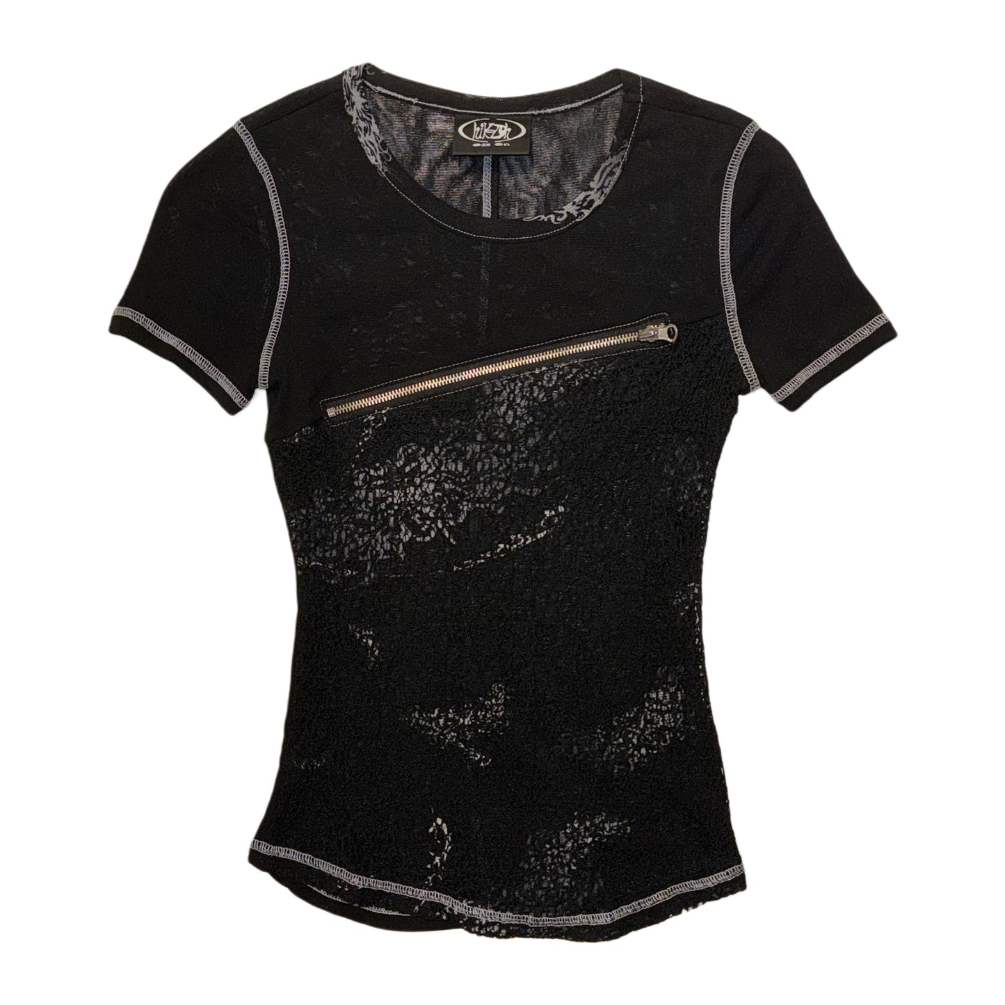 Hikzoh OzzOn black lace mesh layered zipper top