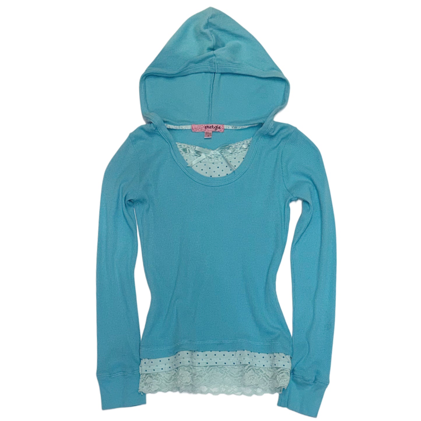 Baby blue polka dot lace hooded long sleeve