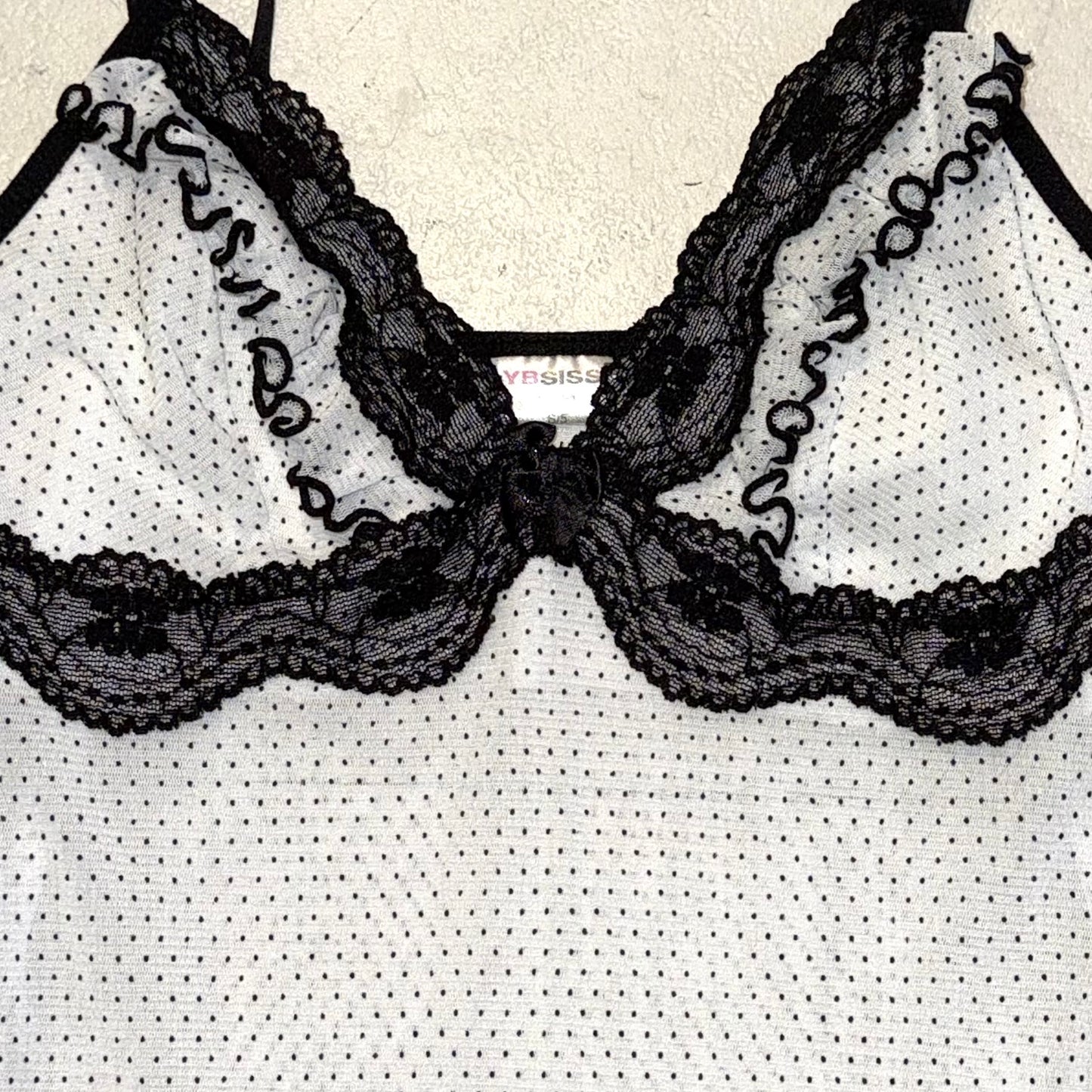 Polka dot black lace trim dress