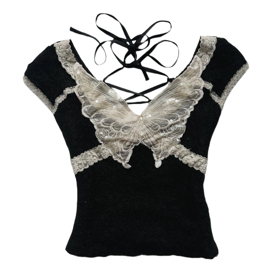 Embroidered butterfly black layered top
